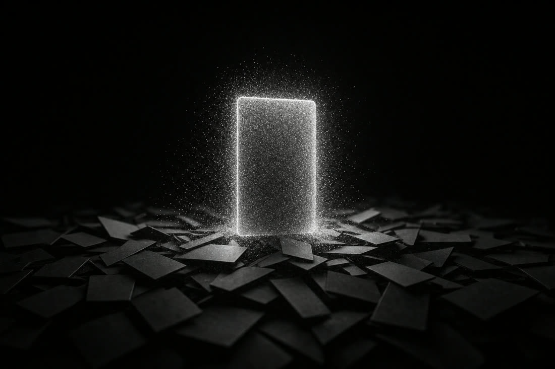 A single luminous card standing upright among dozens of dark, unlit cards fallen in the blackness around it