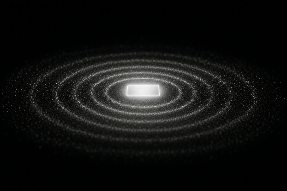A glowing card radiating wide concentric rings of light particles outward through the dark, like a voice carrying