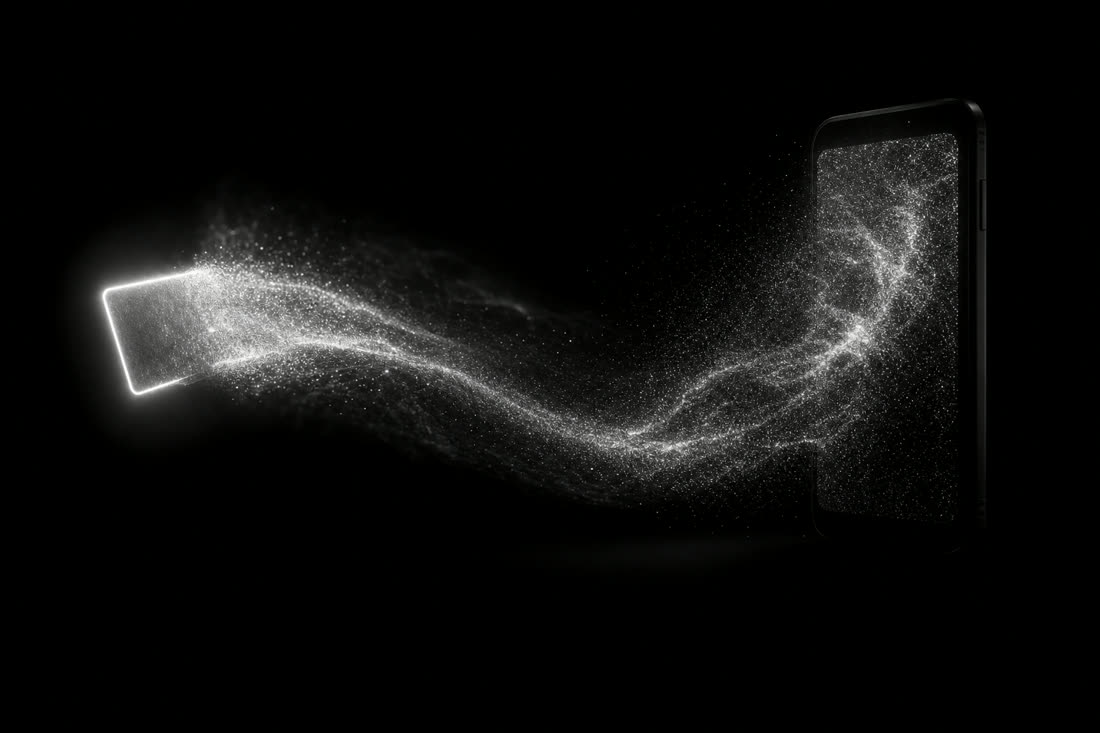 A glowing card dissolving into a stream of particles that flows across the dark and gathers into a phone