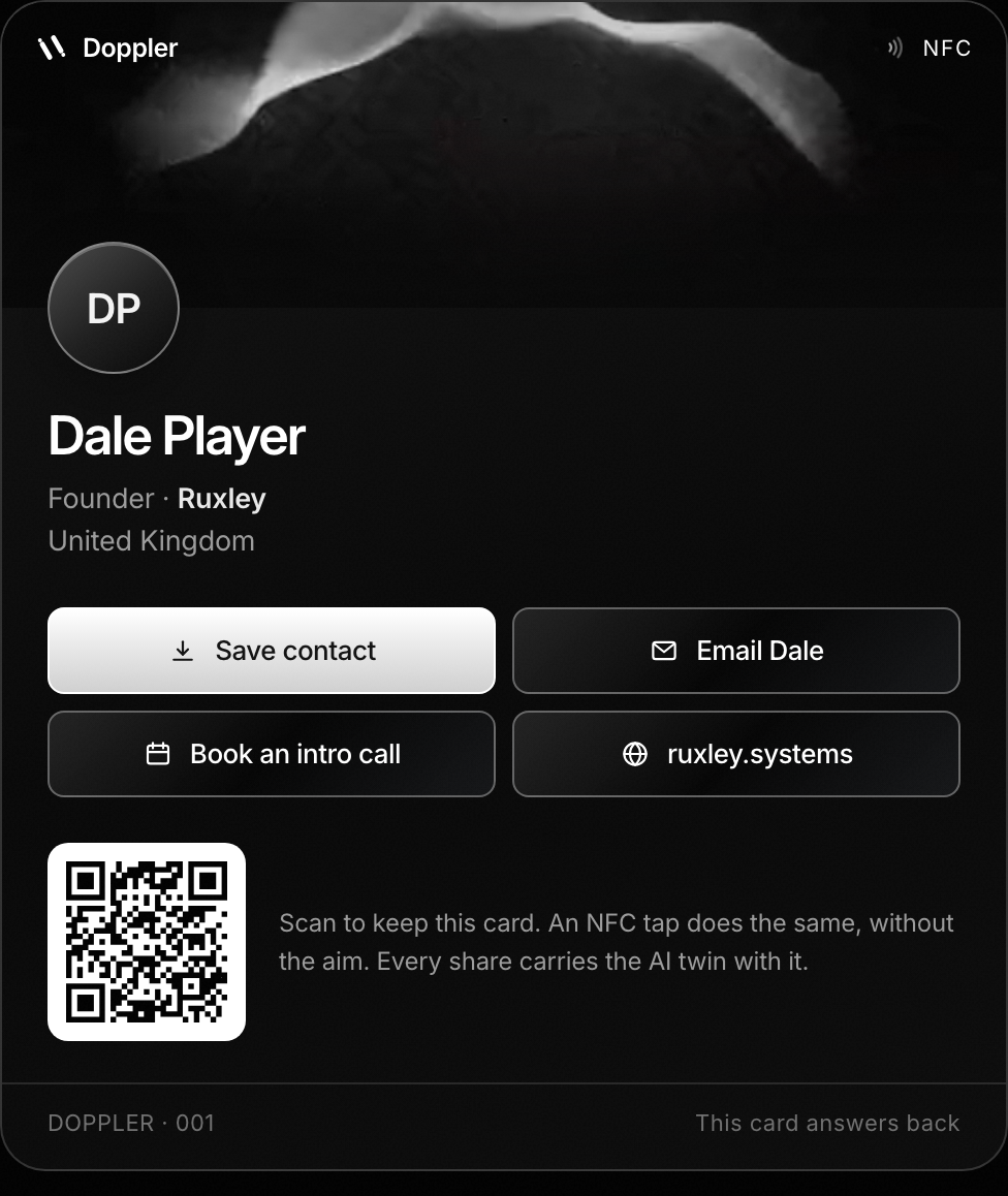 Dale Player's Doppler card — a black card with a silk motion header, his name and role at Ruxley, save contact and email buttons, and a QR code