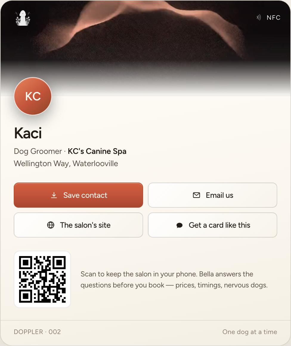 KC's Canine Spa's Doppler card — a cream card with a coral silk header, Kaci's name, call and WhatsApp buttons, and a QR code